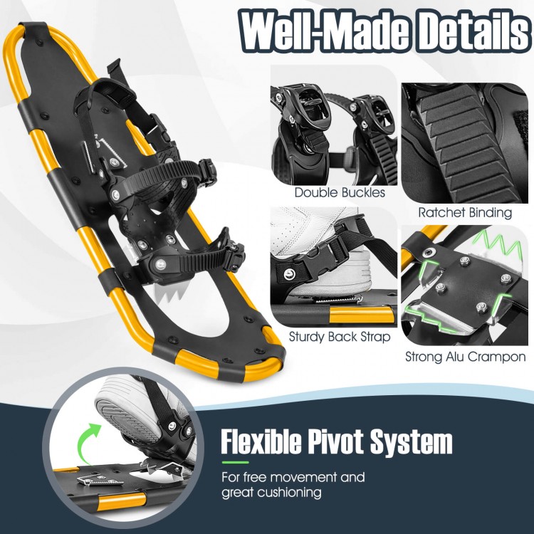 Lightweight 21-inch snowshoes with flexible pivot system, double ratchet binding, and durable aluminum construction for.